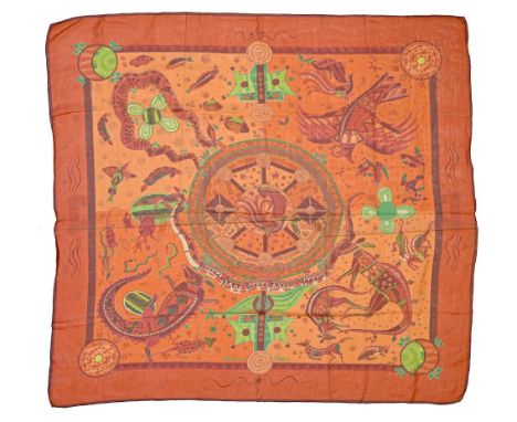scarf 140 * 140 "Rêves d'Australie" HERMES 140 cm scarf in silk chiffon, orange tones, signed Zoé Pauwels. Very nice conditio