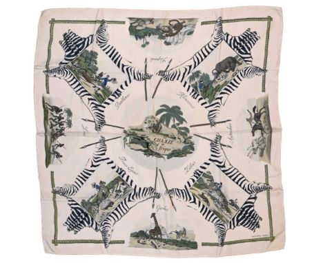 Twill scarf "La Chasse en Afrique" HERMES 90 cm scarf in twill silk, beige background and frame, signed Hugo Grygkar, this mo