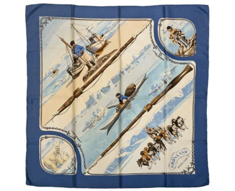 Twill scarf "Groenland". HERMES 90 cm scarf in twill silk, beige background and steel blue frame, signed Philippe Ledoux. Goo