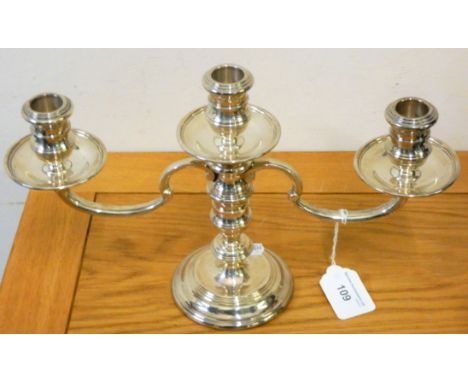 A silver three light, two branch candelabra, with reeded knop stem, detachable branch, height 20 cm, branch weight 12.5 oz, l