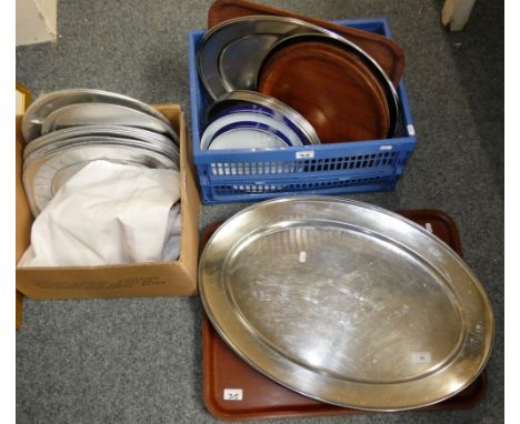 Caterers equipment to include stainless steel oval trays, enamel bowls, hygiene coat and wooden trays