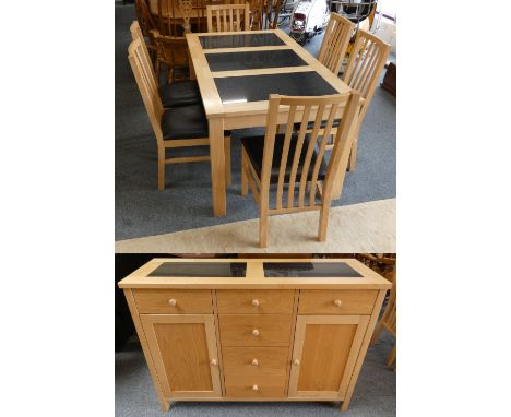 Modern light oak dining table with the inset marble panels 141 cm x 80 cm together with a matching sideboard and six matching