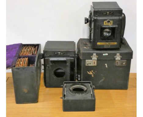 A Thornton Pickard, Ruby deluxe, Junior special plate camera's, mahogany plate holders in case, folding camera body, and othe
