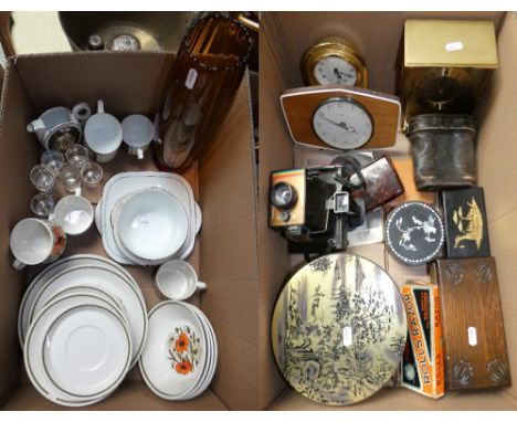 A Polaroid land camera, mantle clocks, vintage tins, part dinner service by Meakin, part dinnerware by Epiag of Czechoslovaki