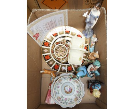 Royal Crown Derby plate, together with a pair of Royal Crown Derby dishes, Royal Doulton figures, Beswick Beatrix Potter "The