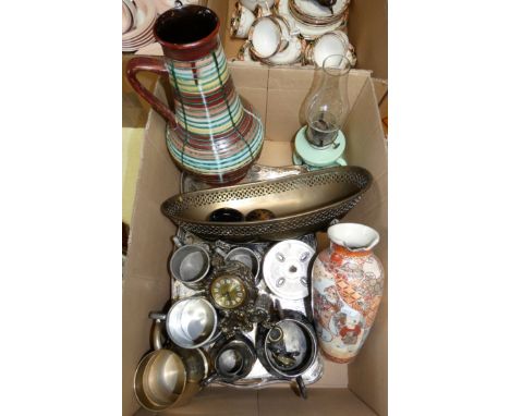 A West German mid 20th century decorated jug of bulbous form, together with an aneroid wall barometer, pewter tankards, plate