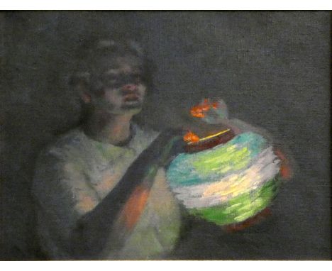 Framed oil on board, woman with lantern 43 x 48 cm.