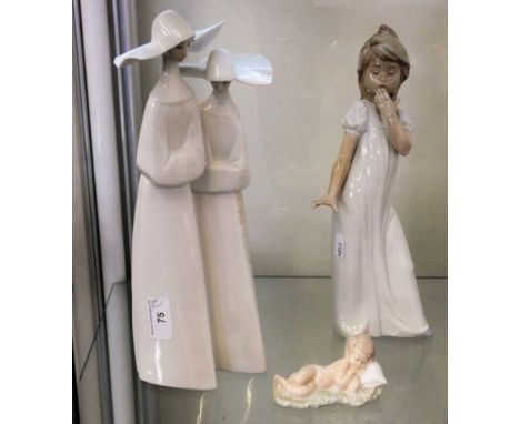 A Nao by Lladro figurine of a 'Yawning Girl', height 28cm, together with a Lladro figurine of two ladies and a miniature figu