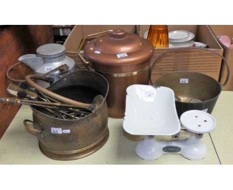 Enamel kitchen scales, together with a brass jam pan, coal buckets and fire irons. 43.