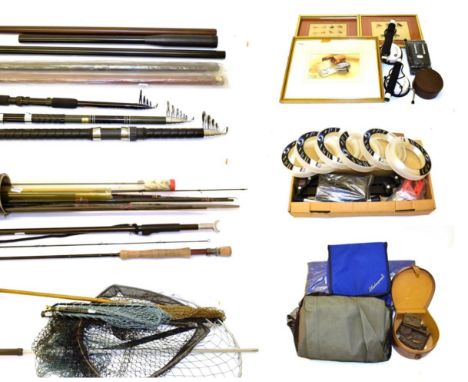 An accumulation of fishing tackle, fishing accessories and related items, some ex-shop stock, including damaged rods and rod 