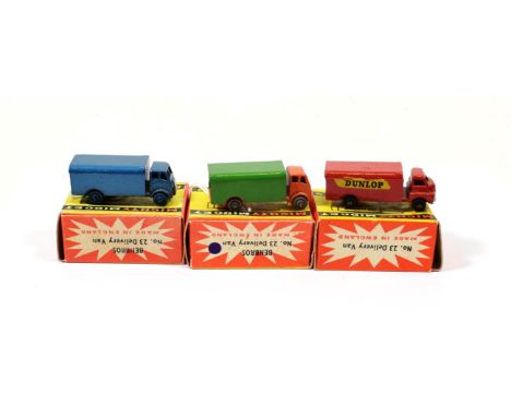 Benbros Mighty Midgets No.23 Delivery Vans (i) Dunlop, red BPW (ii) orange/green MW (iii) metallic blue, painted wheels (all 