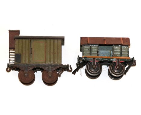 Marklin Gauge 1 Two Wagons (i) Four plank wagon with hinged cover (G, lacks one side door) (ii) Goods van with guerite (F) (2