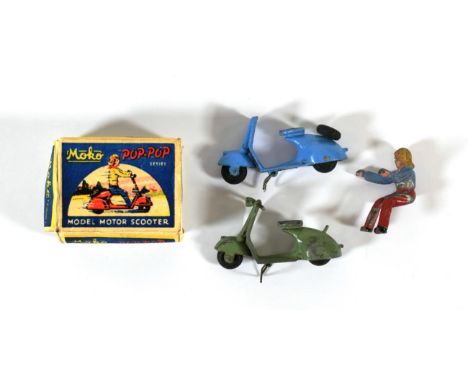 Moko Pop-Pop Series Model Motor Scooter green with rider figure (overall G-F, rider F, box G) together with a blue exampe (G,