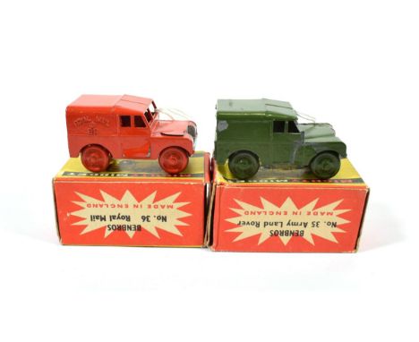 Benbros Mighty Midgets No.35 Army Land Rover (G-F, lacks one window pillar, some paint loss box G) No.36 Royal Mail Land Rove