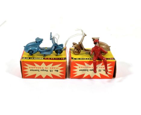 Benbros Mighty Midgets No.15 Vespa Scooter (i) gold body with red figure (ii) metallic blue, lacks figure (E box G-E) (2)