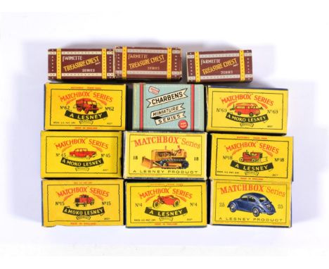 Matchbox 1-75's Empty Boxes including 15 Prime mover, 25 VW Sedan, 2x18 Caterpillar bulldozer one with colour picture, 4 Triu