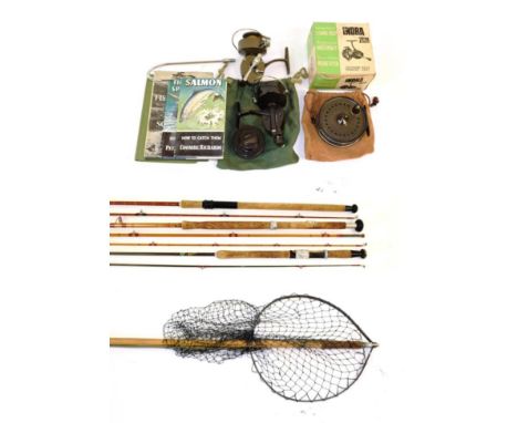 A collection of fishing tackle, accessories and related items, comprising a Hardy bamboo-handled combination wading stick and