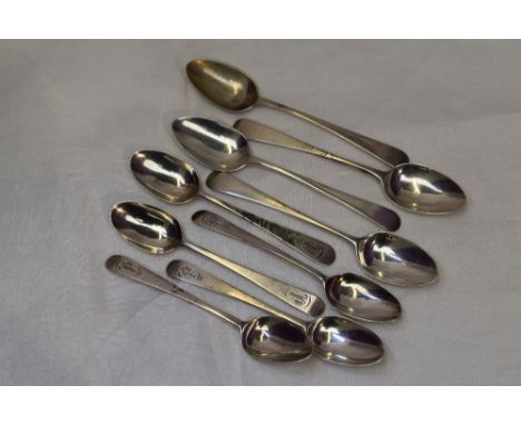Nine assorted Georgian silver tea and coffee spoons of Old English form, some bearing monogram to terminals, date and makers 