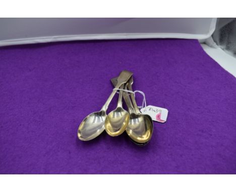Five Victorian silver teaspoons of fiddle back form monogrammed M to terminals, London 1845, Samuel Hayne &amp; Dudley Cater
