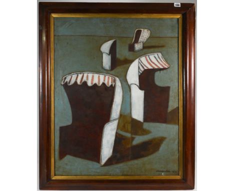 Brenda Chamberlain (1912-1971), Beach Chairs 1, 1959, oil on canvas, framed and glazed, 78cm x 94cm together with other drawi