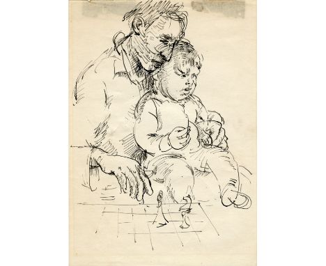 Robert Lenkiewicz (1941-2002) early ink on paper sketch 'Adult with infant and chess board' 253 x 176mmThis sketch has been d