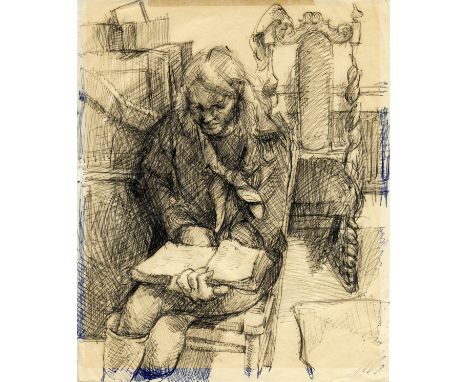 Robert Lenkiewicz (1941-2002) early ink on paper sketch 'Mouse (Celia Mills) Reading', 254 x 204mmThis sketch has been donate