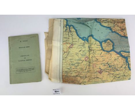 Regular Army Certificate of National Service book for D. Bulmer 1957 and linen map of Siam, Malaya and Sumatra