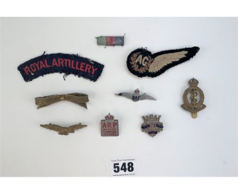 Mixed patches and badges- Royal Artillery patch, Air Gunners patch, RAF badge, Eagle badge, Young Helpers League badge, ARP W