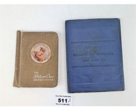 WW1 book and diary- Queens Own Royal West Kent Officer's Record of Services Army Book  439 with maps and railway ticket, and 
