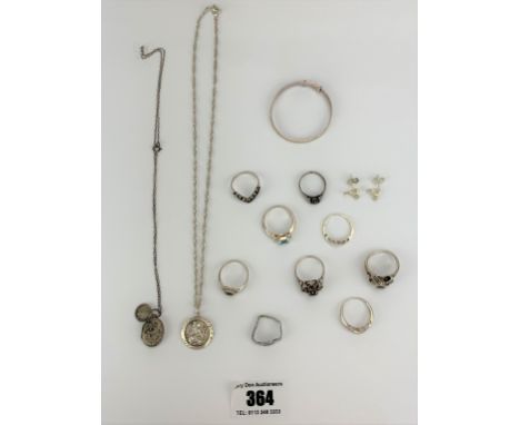 Assorted silver jewellery inc. 2 necklaces and pendants, baby bangle, 9 rings &amp; pair of earrings, total w: 1.1 ozt