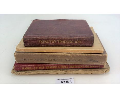 5 Mixed Military books- 1st ed. Infantry Training Manual 1914, The Aviation Pocket Book for 1918 (signed), Royal Flying Core 