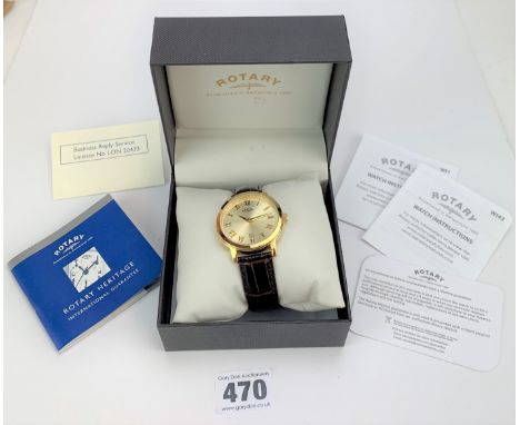 Rotary Heritage gents watch with leather strap in original box with paperwork and receipt from 2017. not running