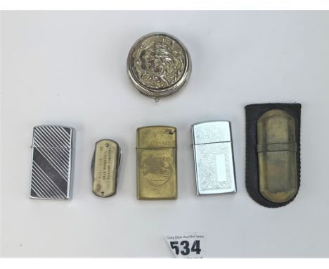 Mixed lighters and mini ashtray- 3 zippos. Brass no 5 lighter, penknife and small ashtray