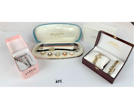 Boxed Rotary gold plated watch &amp; bracelet set, boxed Limit silver plated watch &amp; bracelet set and boxed Buler watch s