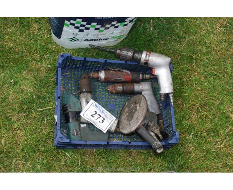 A box of air tools; air gun, air drill, metal shears, sanders, etc.,