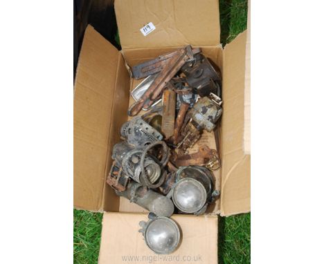 A box of brass and other lamps, wiper motor, oil can, scales, door bolts, mirrors, etc.,