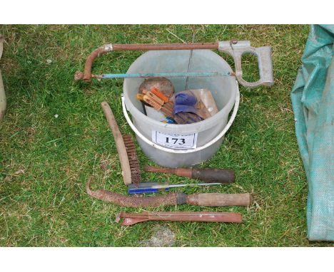 A hacksaw, wire brush, root knife, chain, etc.,
