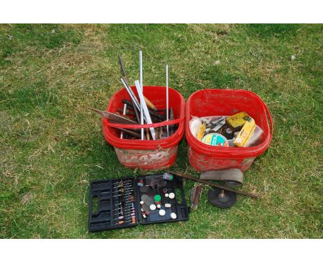 Two tubs of various tools, tin snips, pipe bender, chisels, wire brushes, etc.,