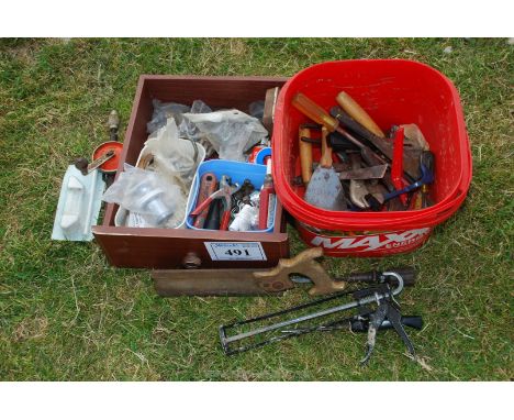 Two boxes of miscellaneous, mastic gun, hand drill and old tools.