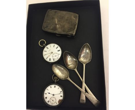 A silver pocket watch by J Benson; together with other silver items, flatware case etc