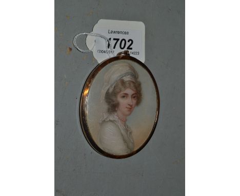 Attributed to Nicholas Freese, watercolour, portrait miniature on ivory of a lady wearing a white dress, pearl choker and blu