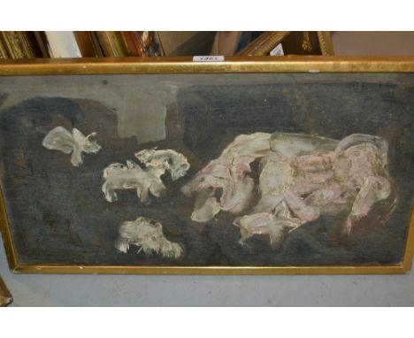 Unusual mid 20th Century oil on panel, study of a pig and piglets in a landscape, 11.5ins x 22.5ins