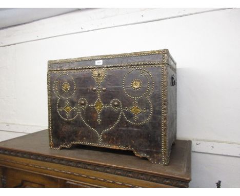 19th Century brown leather and brass studded trunk, 26ins wide x 15.5ins deep x 20ins high
