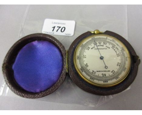 19th Century gilt brass pocket barometer in original leather outer case