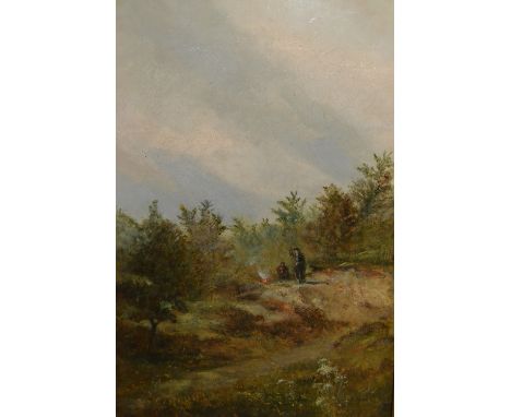 Late 19th Century oil on canvas laid on panel, rural landscape with two figures by a fire, monogrammed, 17ins x 10.5ins