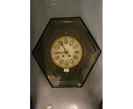 French ebonised and inlaid vineyard style two train wall clock, the 9in alabaster dial with Roman cartouche enamel numerals w