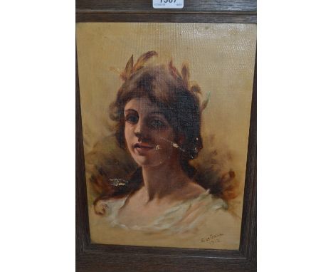 E. Le Gall, oil on canvas, portrait of a French girl, signed and dated 1913, 13ins x 9ins, oak framed