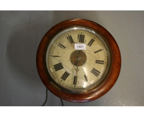 19th Century Continental circular mahogany alarm wall clock, the painted dial with Roman numerals, with a two train weight dr