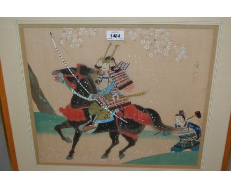 Chinese school gouache painting, portrait of a warrior on a horse, inscribed and with remains of a seal mark, 14ins x 16ins