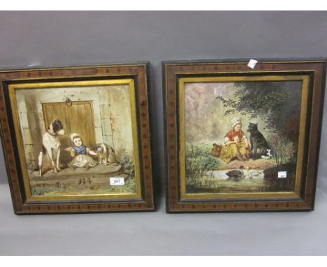 Pair of large 19th Century painted porcelain tiles, girl with dog feeding ducks and girl with cat and dog, signed R. Dury Lou
